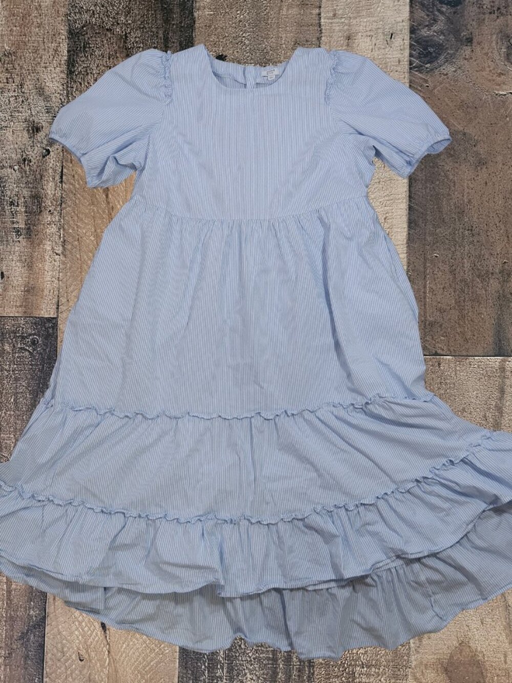Crown & Ivy Womans 18W Blue & White Striped Puff Sleeve Tiered Midi Dress Pocket